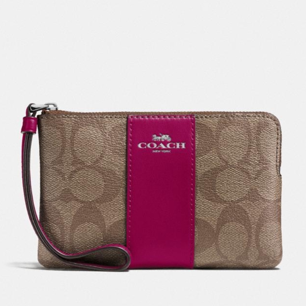 Coach Corner Zip Wristlet Signature Khaki Fuchsia